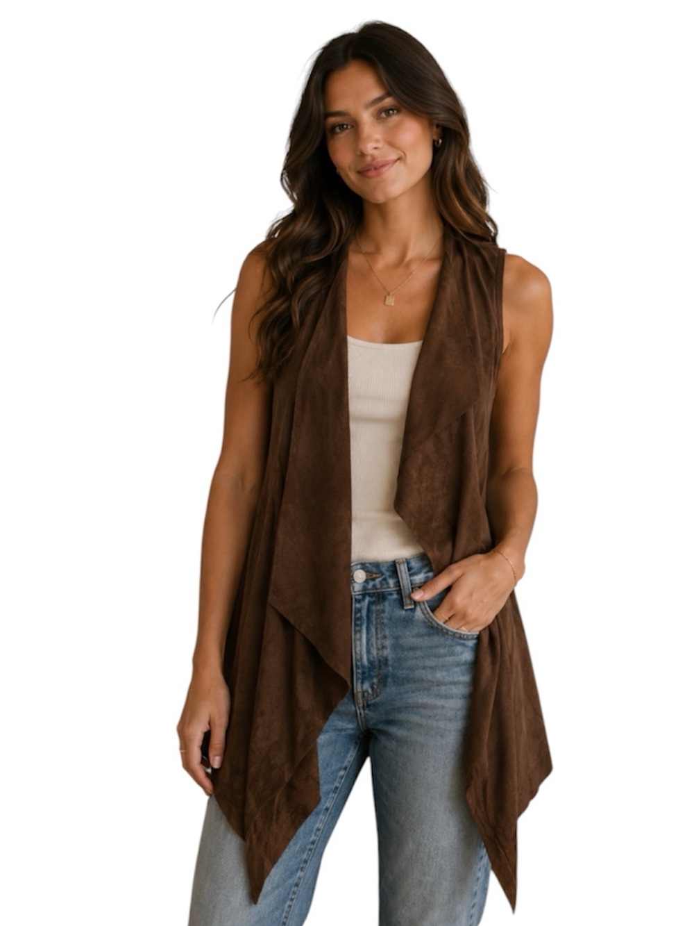 Moon Collection M Western Faux Suede Open Duster Vest Cowgirl Bohemian Rodeo